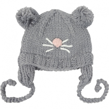 Children's Hat Mouse Knitted Pompoms Grey