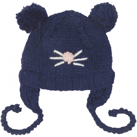 Children's Hat Mouse Knitted Pompoms Navy